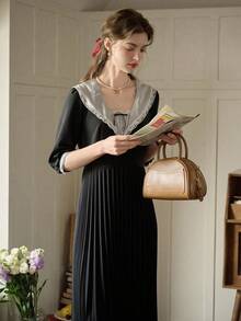 Simple Retro Women's Navy Collar Bow Tie Contrast Ruffle Hem Dress - Black - View 5