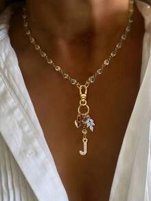 1件金色字母项链，珍珠链，白色钻石叶子吊坠项链，时尚优雅多吊坠项链，独特奢华女士项链 - 金黃色 - 查看 10