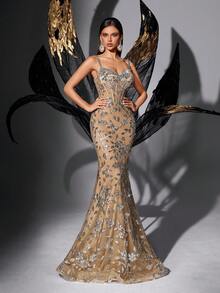 Women's Elegant Sleeveless Backless Mermaid Long Dress, With Sequin Embroidery And Contrast Mesh Design, Suitable For Evening Gala Spring - Champagne - View 6