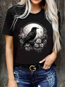 Gotisk t-shirt med korptryck för dam: Svart t-shirt med korp- och blommig månedesign, lätt stretchig topp med rund halsringning för Halloween och vardagliga avslappnade looks. Maskintvättbar. Vår-/sommar-t-shirt. - Svart - Visa 8