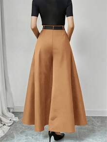 女士纯色口袋阔腿裤，适合日常、返校、聚会、机场、通勤等各种场合，四季皆宜。 - 咖色 - 查看 3