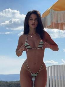 女款優雅條紋泳衣套裝，適合春秋季海灘度假、海邊活動及時尚度假穿搭 - 彩色 - 查看 6