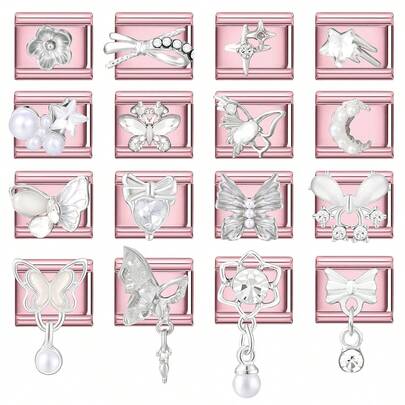 1件DIY意大利模块化手链，饰以心形、花朵、蝴蝶和月亮元素，适合作为派对礼物送给朋友/情侣，适用于圣诞节、新年、万圣节、情人节等场合。设计精美，采用不锈钢材质，兼具实用性和时尚感，并镶嵌水晶水钻，营造圣诞氛围，可用于圣诞装饰、派对穿搭、圣诞礼物、家居装饰、复古夏季风格、优雅装扮、万圣节配饰等，也适合所有季节，例如学校、晚会、毕业典礼等场合。