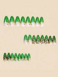 24pcs Medium Almond-Shaped False Nails, Green Plant Gradient Fashionable Ins-Style Wearable Nails, Full Coverage And Removable, Women's Nail Set, Suitable For Parties, Dancing, And Daily Wear - Green - View 4