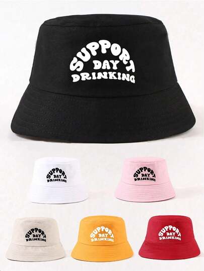 1顶男女通用春夏旅行沙滩遮阳帽，防紫外线渔夫帽，帽身印有“Support Day DRINKING”字样，是户外运动、旅行和海滩度假的必备单品。