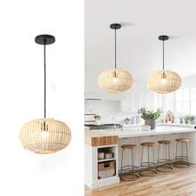 1件套现代中世纪风格竹藤吊灯 - 波西米亚编织吊灯，可调节悬挂式灯架，适用于厨房岛台、走廊、卧室、餐桌、客厅 - E26灯座（不含灯泡） - 竹編 - 查看 2