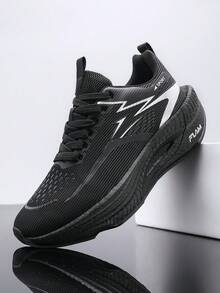 1双透气网面印花运动鞋，适合青少年、男孩和女孩，圆头系带设计，爆米花厚底+MD防滑外底，时尚休闲运动鞋，适合马拉松训练和四季跑步。 - 黑色 - 查看 3