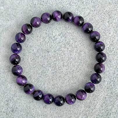 Pulsera elástica hecha a mano con cuentas de piedra de ojo de tigre morado oscuro, adecuada para mujeres y hombres, accesorio diario y formal - Regalo de San Valentín, Acción de Gracias, Carnaval, cuentas de piedra de ojo de tigre, decoración de fiesta, decoración navideña, accesorio de moda