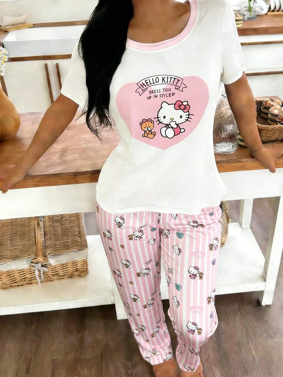 Sanrio Hello Kitty 女士圆领印花短袖上衣 + 直筒弹力腰裤 2 件套可爱睡衣套装 - 粉色 - 查看 1