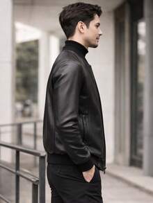 Faux Leather Jacket With Collar And Cuffs, Autumn/Winter, Regular Fit, Zipper Pocket, Spring Festival - 黑色 - 查看 3