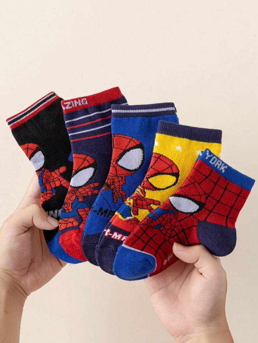 Marvel 5双装儿童袜子，超级英雄蜘蛛侠袜子，男童中筒袜，韩版卡通风格，女童袜子，蜘蛛侠和超级英雄人物袜子，春夏款 - 彩色 - 查看 1