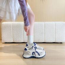 Women's Thick Sole Casual Sneakers, Breathable Mesh Retro Gump Shoes, Anti-Slip Durable Lace-Up Chunky Sneakers - Blue - View 6