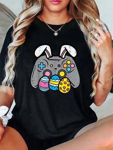 Camiseta Unisex 100% Algodón con Estampado de Conejo de Pascua y Videojuegos, para Gamers, Niños, Hombres y Adolescentes, Camiseta de Cuello Redondo 100% Algodón - Negro - Ver 6