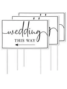 婚礼方向箭头指示牌 3 件装 - 双面印刷“此路”指示牌，带金属支架，适用于婚礼仪式和婚宴 - 17 英寸 x 12 英寸 - 三件白色婚禮指示牌 - 查看 4