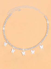 1件优雅简约水钻项链，创意全镶钻蝴蝶吊坠项链，女士款 - 銀色 - 查看 6