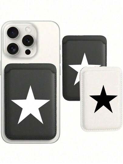 1pc Black & White Pentagram Printed Magnetic Wallet Phone Card Holder,Mobile Phone Bracket Card Case,Suitable For Most Mobile Phone Models, Can Hold Up To 3 Cards, Such As Identity Cards, Bank Cards, Credit Cards,With Bracket Function, Can Horizontally Or Vertically Support The Mobile Phone, Convenient For Watching Videos Or Video Calls,Essential For Back To School Season,Homecoming Gift,Suitable For Traveling And Shopping,Daily Use, Commuting,Graduation Gift.