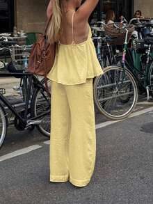 Vaiaye 女士两件套：优雅吊带上衣和宽松抽绳裤，亚麻深V露背吊带上衣搭配宽松腰裤，性感可爱优雅浪漫夏季两件套 - 黃色 - 查看 7