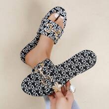 2026夏季新款设计师女士金色搭扣印花拖鞋，舒适时尚日常穿着拖鞋 - 黑色 - 查看 12