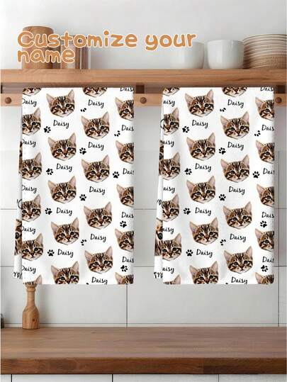 2pcs Customized Pet Cat Name Kitchen Towels, Personalized Hand Towels, Kitchen Decor Dish Cloths, Absorbent Tea Towels, Suitable For Cooking, Baking, Housewarming Gifts, Cleaning Supplies, Bathroom Accessories - Perfect Gifts For Mom, Friends, Family, Weddings