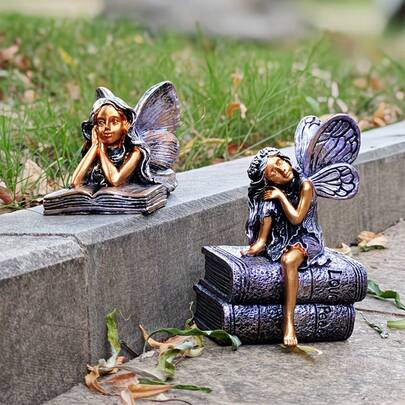 1pc Fairy Tale Magic Garden Fairy Sculpture - Resin Elf Angel Girl Reading Statue, Suitable For Lawn And Yard Decor