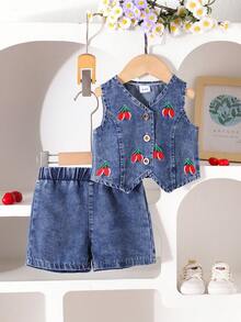 2pcs Baby Girls' Elegant Blue Soft Denim Cherry Embroidered Vest + Shorts Set, Lightweight Summer Business Casual - Blue - View 1