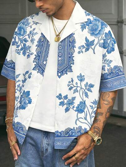 男士时尚百搭短袖印花Polo衫，3D数码印花，纽扣设计，休闲衬衫，约会、海滩、度假的理想礼物