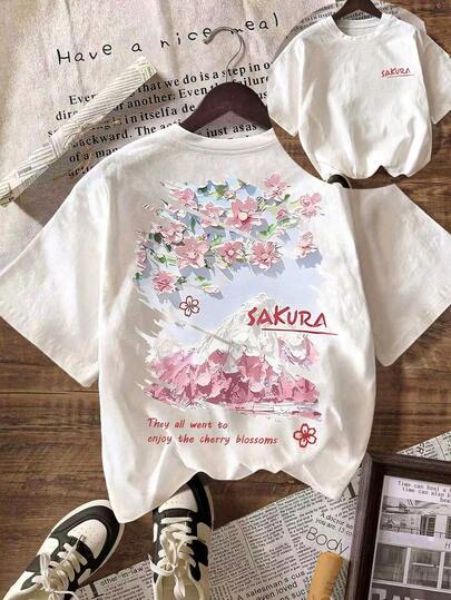 Women's Short Sleeve T-Shirt, Breathable And Comfortable, Sakura Floral Print, Casual And Fashionable, Youthful Vitality