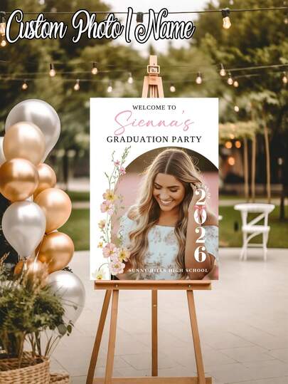 1pc - Personalized Graduation Poster, Floral Graduation Welcome Sign And Photo, Customized Name Text, Graduation Party Theme Background, Graduation Welcome Sign Template, Graduation Welcome Poster, Personalized Name Canvas Wall Art, Wild Flower Graduation Welcome Sign, Commemorative Wall Decor Poster