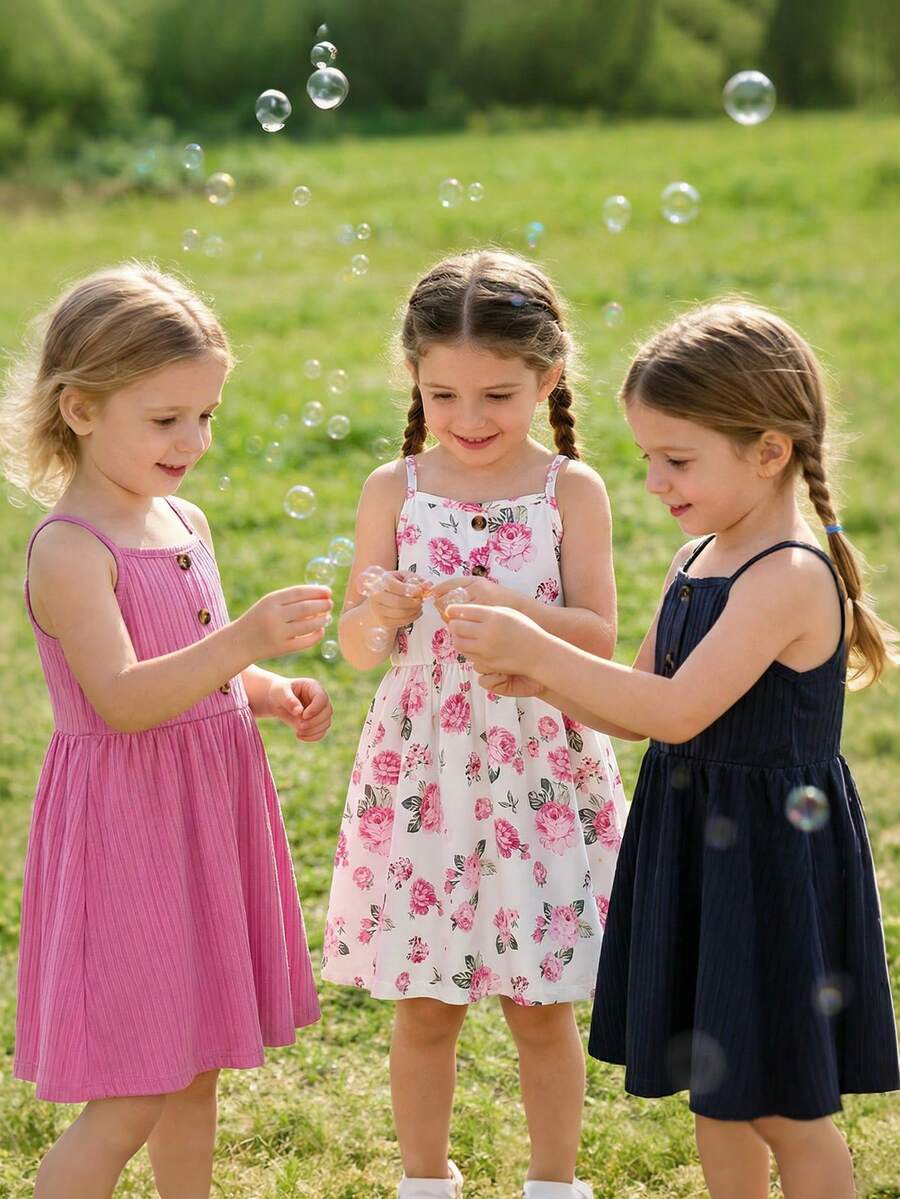 3pcs/Set Young Girls Suspender Fashion Floral Print & Solid Color Button Casual Dress Sets - 玫紅色 - 查看 1