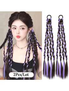 2pcs Fashionable Colorblock Elastic Braided Hair Bands, Ponytail Hair Extensions, Rainbow Color Hair Ties, Boxer Braid Synthetic Hair Extensions, Ombre Hair Scrunchies, Suitable For Women, Girls And Kids For Daily And Party Decor, Length 45cm - Multicolor - View 12