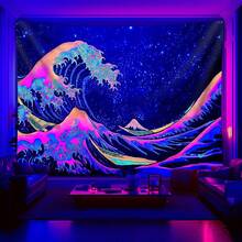 1pc Japanese Style Sea Wave- Glow In The UV Light Banner Tapestry, Large Size Peach Skin Fluorescent Printing Tapestry, Bedroom Hanging Tapestry For Party Festival, Bedroom Home Decor, Fabric Wall Decoration With Free Accessories - 1PC - 查看 2