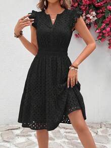 Women's Summer Dresses Eyelet Cap Sleeve V Neck Short Boho Wedding Guest Graduation Dress Beach Vacation Sundresses Black Dresses For Women - 黑色 - 查看 3