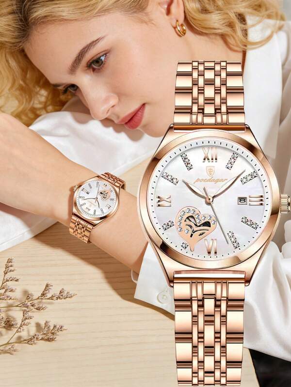 POEDAGAR 1 chiếc đồng hồ nữ thời trang mạ vàng hồng, dây thép không gỉ, hiển thị ngày, máy quartz, đính đá, đồng hồ đeo tay nữ thanh lịch, chống nước, dạ quang, phù hợp cho các dịp hàng ngày, quà tặng cho phái nữ.