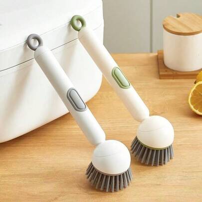 1pc White & Gray Plastic Round Brush Head With Built-In Detergent Dispenser, Suitable For Daily Kitchen Cleaning, Effectively Cleans Pots, Pans And Bowls