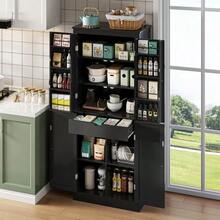 Kitchen Cabinet, Multifunctional Tall Cabinet, Sideboard With Two Shelf Doors, Storage Compartments And Internal Drawer, 182 * 40 * 75, Suitable For Kitchen, Dining Room And Living Room. - 黑色 - 查看 3