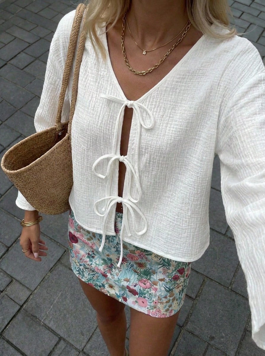 Buzzelle 女士休闲纹理格纹系带宽松衬衫，日常穿着 - 白色 - 查看 1