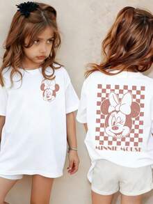 Disney Girls' T-Shirt Featuring A Double-Sided Minnie Mouse Alphabet Cartoon Print. Spring/Summer Style Girls' Crew Neck T-Shirt Made From Soft, Comfortable Fabric-Perfect For Everyday Wear, Shopping, Playtime, And School. - trắng - Xem 1