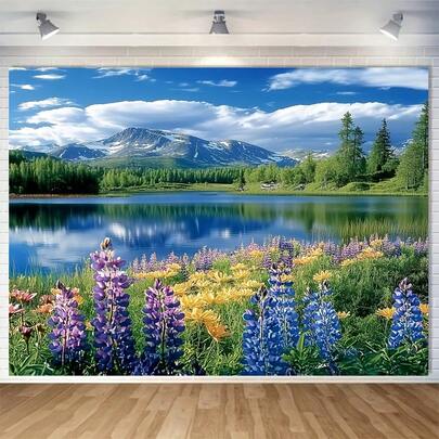 1pc Vibrant Spring Forest And Lake Scenery Polyester Photo Backdrop - No Power Needed, Easy To Hang, Great For Home, Room, Wall Or Yard Decor With Green Plants And Wild Flowers, Outdoor Decoration