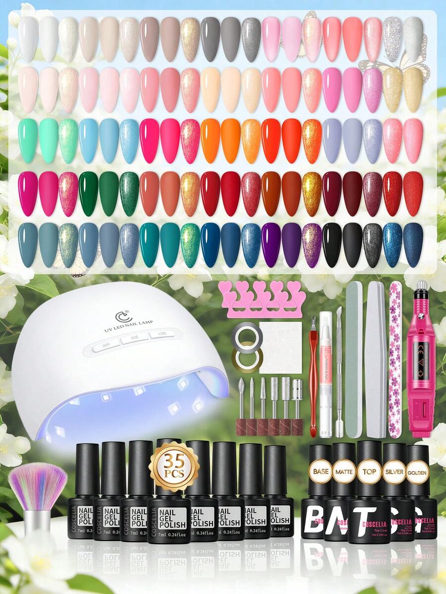 coscelia 53件/套 7毫升凝胶指甲油套装 - 35色可卸凝胶指甲油，包含底油、哑光面油、亮片面油，配有UV/LED灯、美甲打磨机、美甲用品，DIY美甲沙龙套装