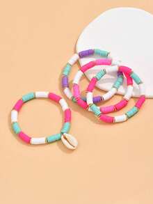 4件套海滩海洋风随机软陶串珠贝壳吊坠手链，适合日常休闲、派对、音乐节等场合佩戴。 - 彩色 - 查看 3