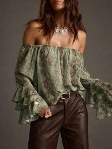 Blusa con estampado de piel de serpiente vintage, hombros descubiertos, mangas con volantes en capas, de tela de poliéster, bajo con volantes, adecuada para vacaciones de primavera y otoño - Verde claro - Ver 2