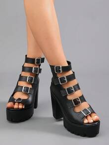 Women's Peep-Toe Thick Bottom Chunky Heel Hollow Design Strappy Street High Heel Ankle Boots - Black - View 3