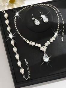 4件套新娘全镶钻首饰套装，包括水滴形吊坠项链、手链、耳环和戒指，优雅女士首饰套装 - 彩色 - 查看 5