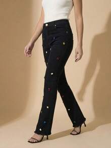 pthirillo Women's Black Flare Jeans With High-Waisted Butt-Lifting Effect And Rhinestone Detail. - 彩色水鑽 - View 2