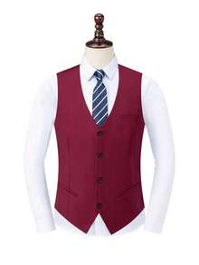 Men's Slim Fit Black Front Closure Suspender Vest, Formal Business Wedding, Spring/Autumn - Burgundy - View 7