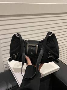 2026 New Fashion Y2K Solid Color Pleated Crescent Bag, Rivet Buckle Decor Motorcycle Shoulder Bag, Suitable For Casual Street Wear And Leisure Outings - Black - View 7