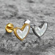 1PC ASTM F136 Titanium White Shell Heart Flat Back Labret Piercing Studs Monroe Lip Nose Helix Cartilage Tragus Lobe Stud Threadless Piercing Body Jewelry 16G/18G - Heart-shaped - View 6