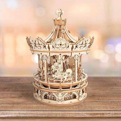 Robotime ROKR Carousel 3D Wooden Music Box - 337-Piece Mechanical Puzzle, Carousel With Classic Waltz Music, DIY Building Project For Teenagers And Adults, Decorative Item, Holiday Gift