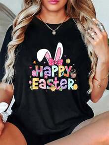 Camiseta Unisex 100% Algodón, Feliz Pascua 2026, Lindo Conejito de Pascua, para Mujeres y Niñas, Camiseta Gráfica Casual para Hombres y Mujeres - Negro - Ver 1