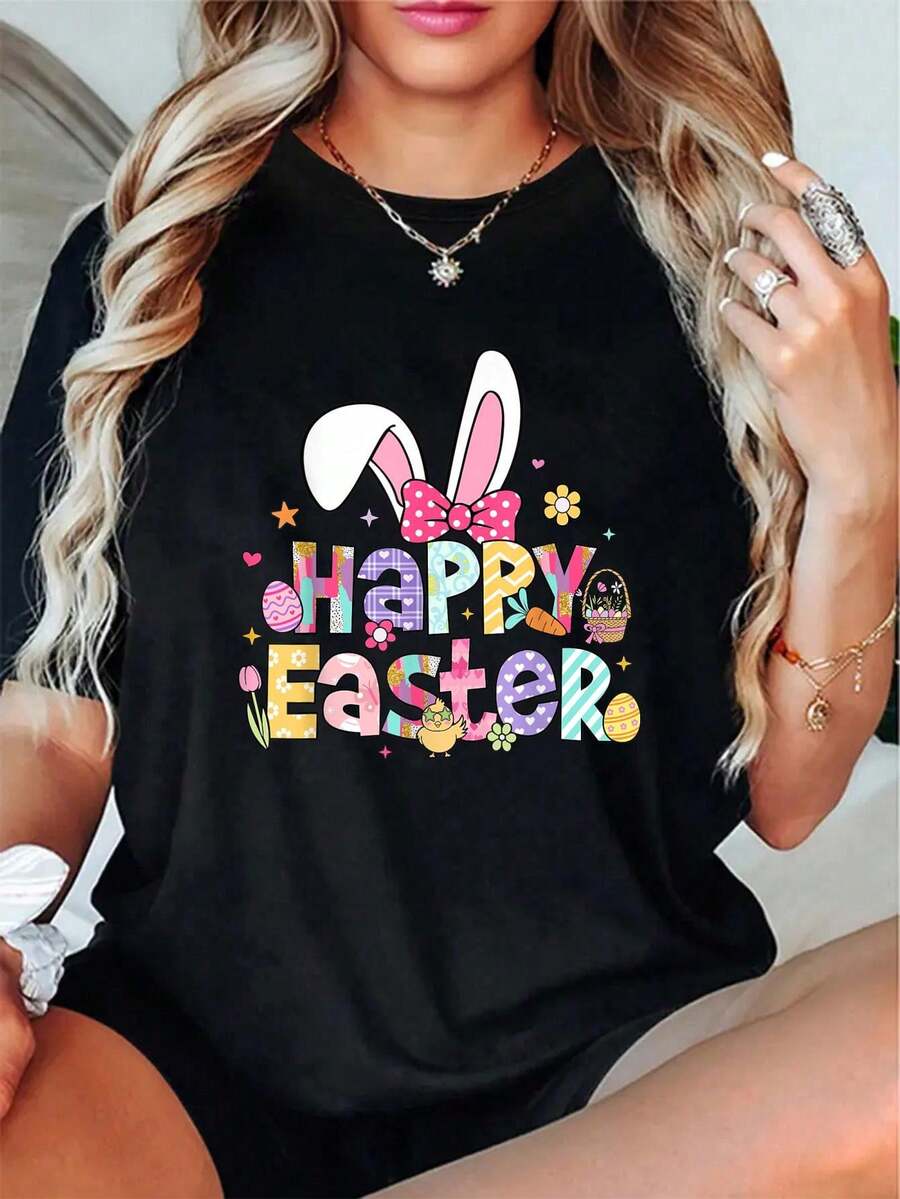 Camiseta Unisex 100% Algodón, Feliz Pascua 2026, Lindo Conejito de Pascua, para Mujeres y Niñas, Camiseta Gráfica Casual para Hombres y Mujeres - Negro - Ver 1